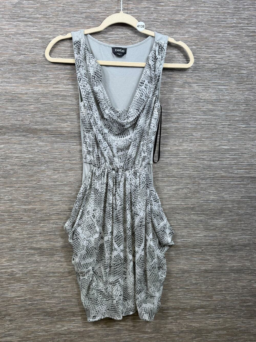 Bebe Dress Womens 2XS Gray Snake Print Cowl Neck Ruched Mini Party Chiffon